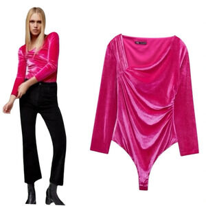 ZARA Pink Velvet Bodysuit Asymmetric Neck Long Sleeve Magenta Pink Size S